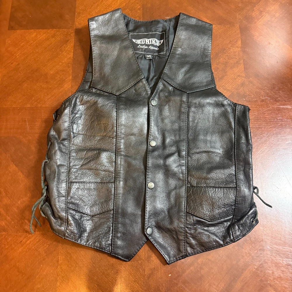 UNIK‎ Leather Motorcycle Vest 36 Black Biker Vest Lace Sides Harley Patch USA